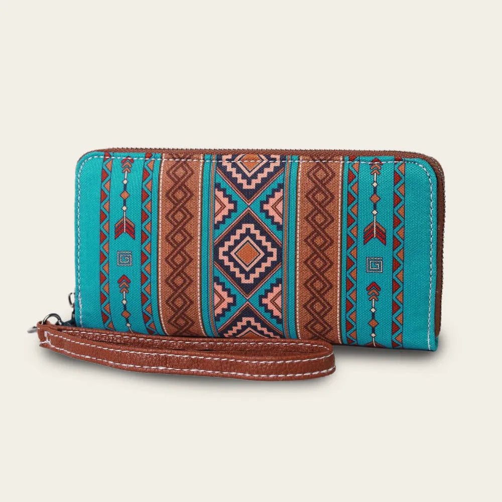 Bohemian striped canvas RFID wallet with a wind belt closure shown in beige.