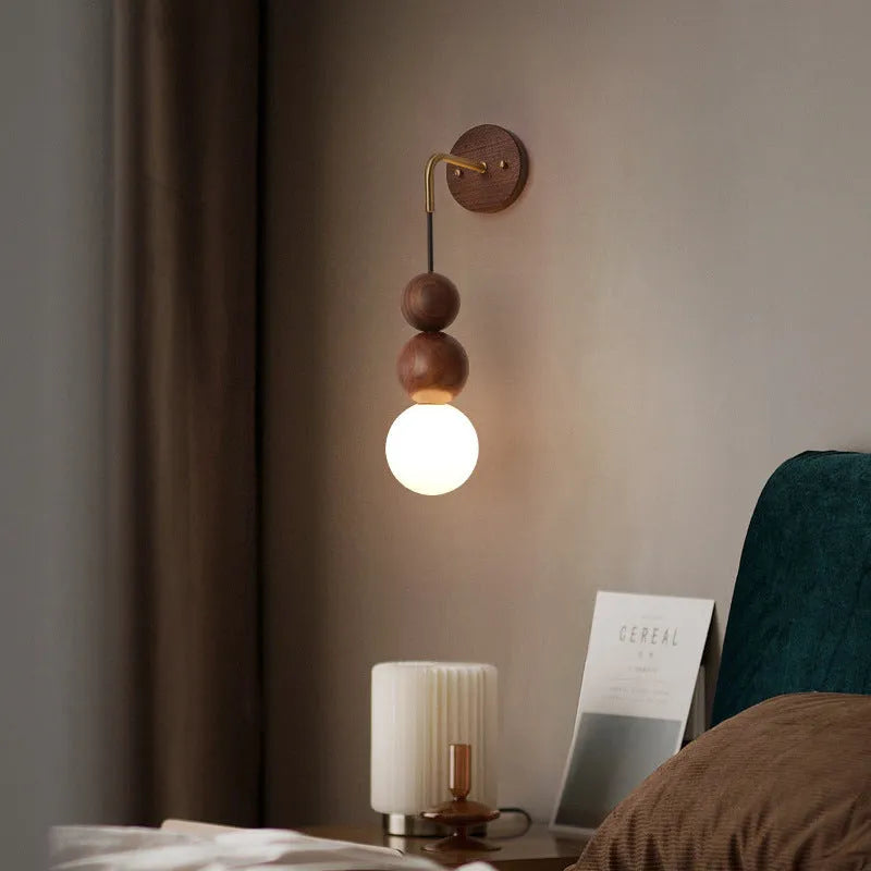 Wood and copper wall lamp with suspension wire and dimmable tricolour light