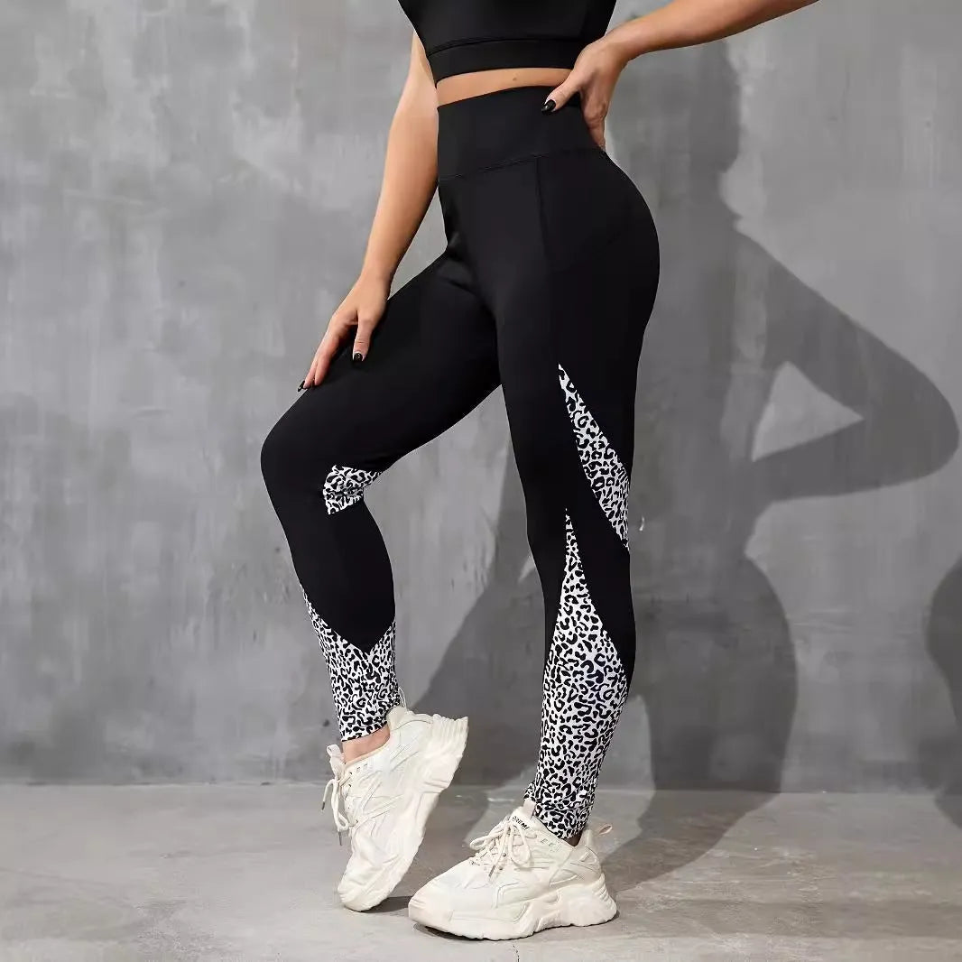 Women's high waist yoga leggings with contrast patchwork pattern and side pockets