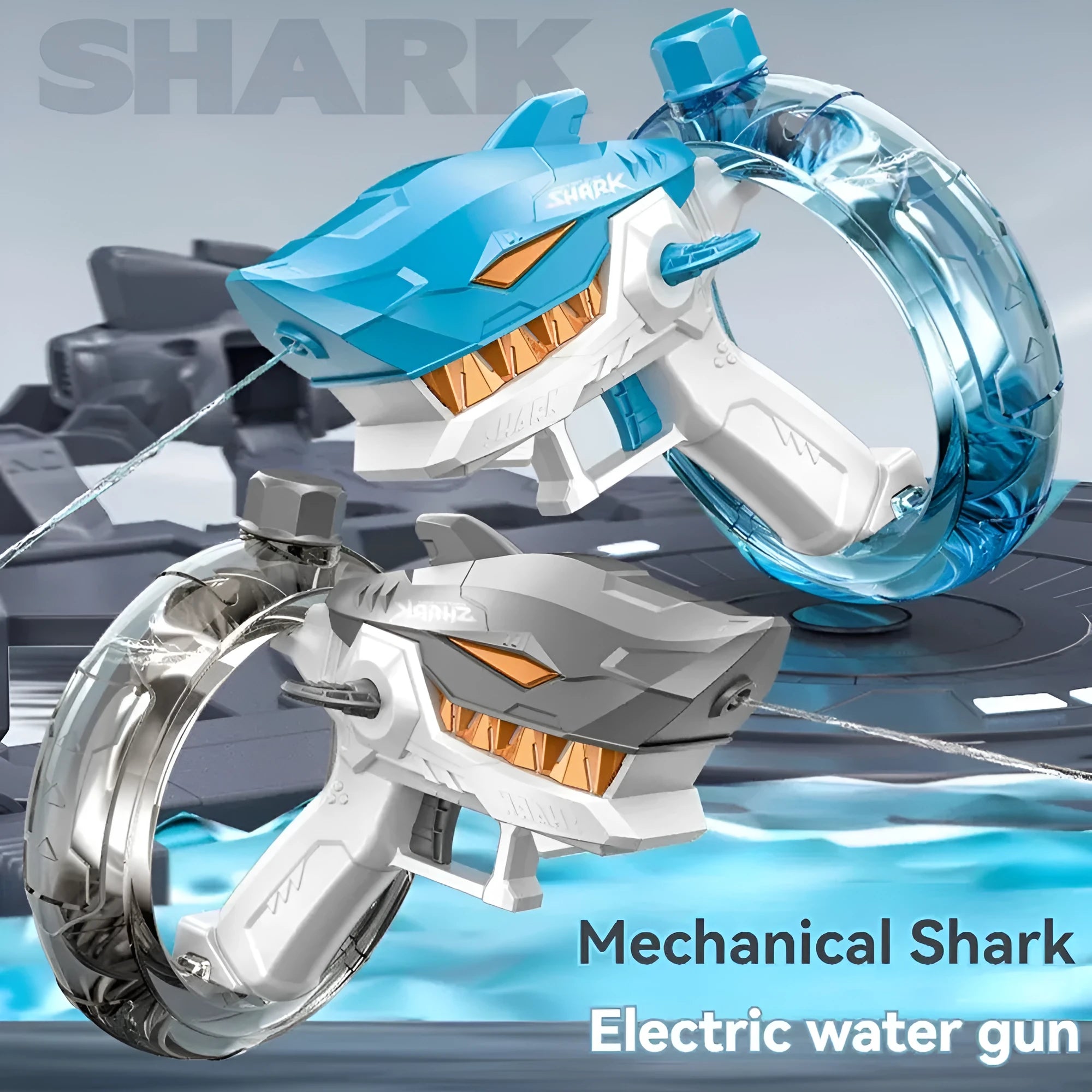 Blue Shark electric water gun toy with large water tank and USB charging port