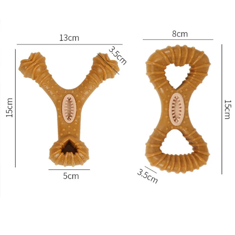 Natural rubber dog chew bone toy in two shapes: an 8-shape and a Y-shape, for teeth cleaning and durable play.