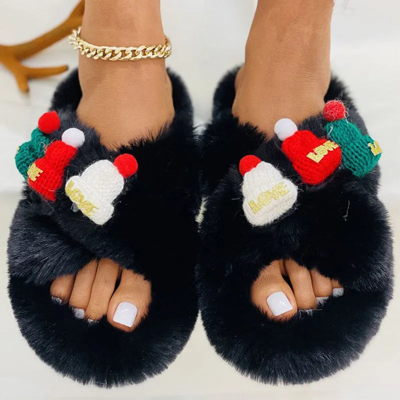Women's Christmas hat decoration slippers in super hairy faux plush, showing black, khaki and white colour options.