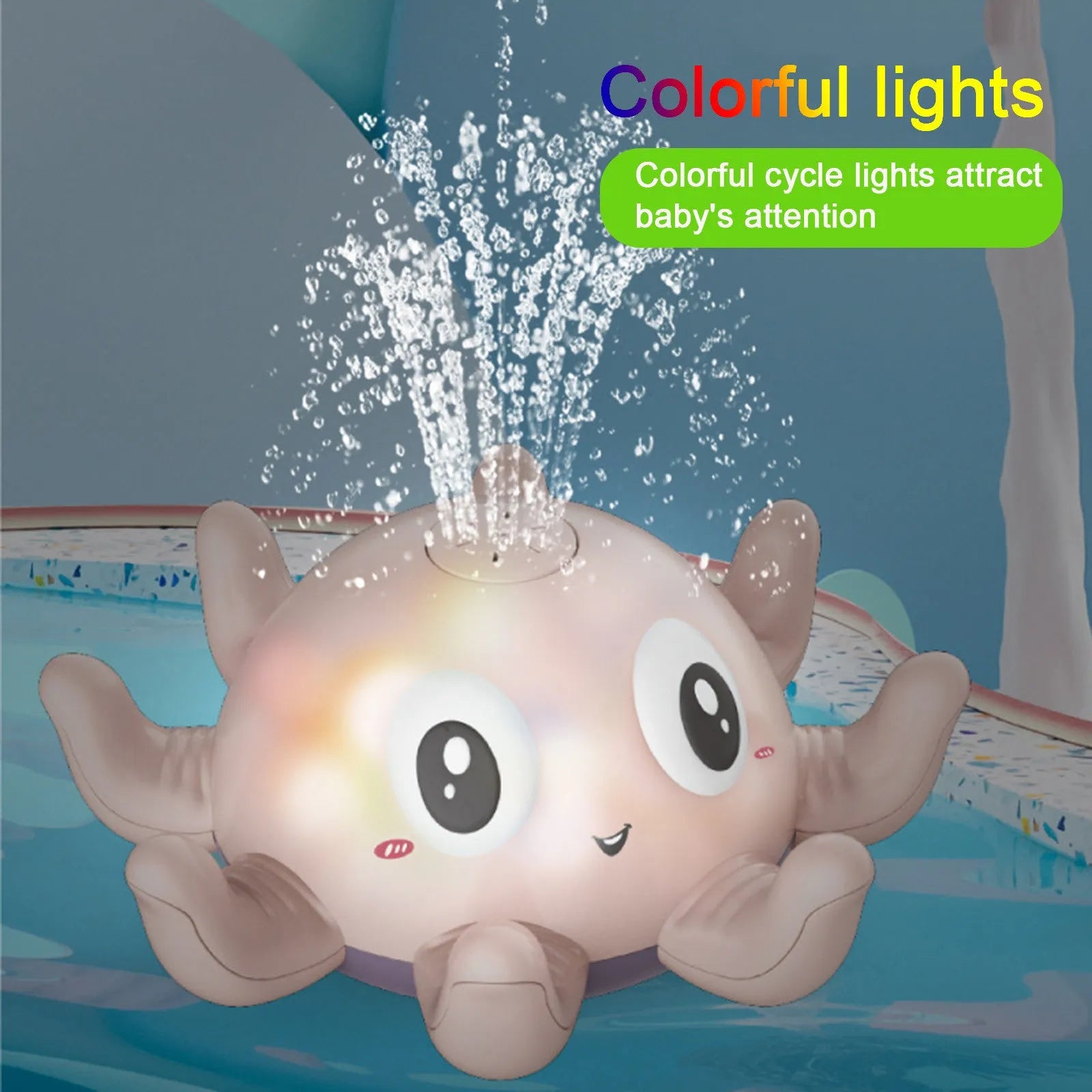 Blue octopus automatic water spray bath toy with flashing lights on a white background