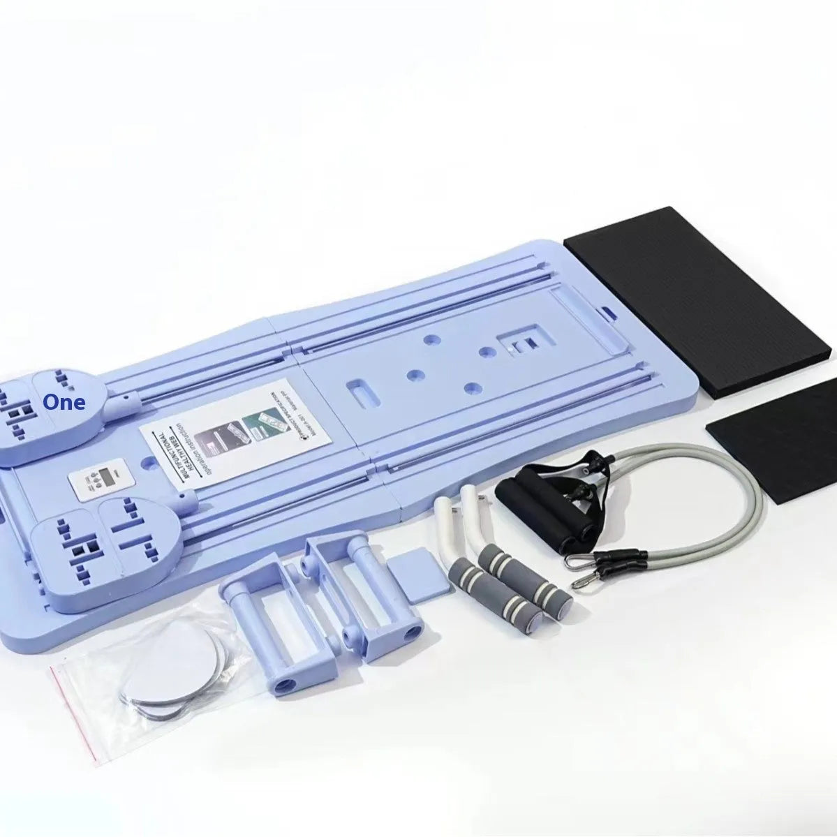 Foldable purple PP plastic fitness belly panel on a floor, shown in open and folded positions.