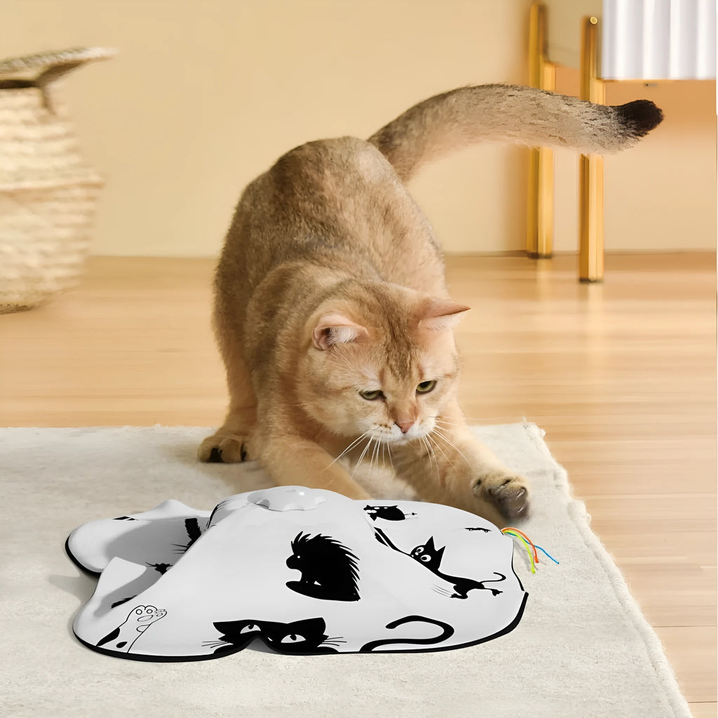 Automatic cat teaser toy with feather components in bright colours showing rolling action mechanism