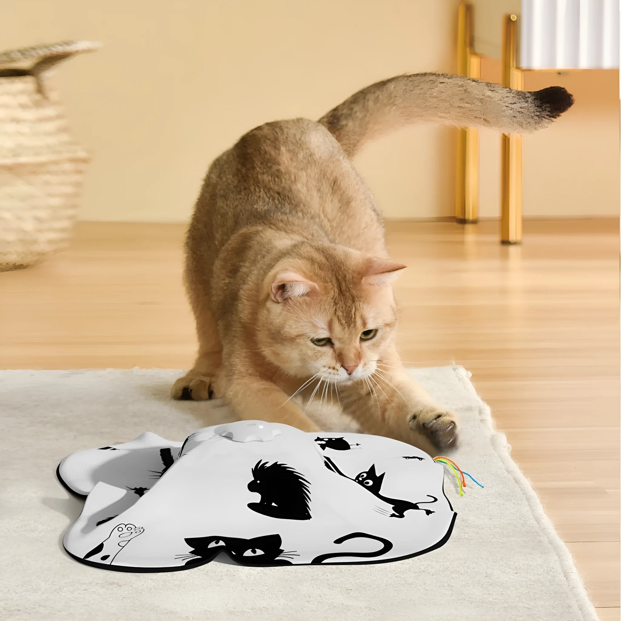 Automatic cat teaser toy with feather components in bright colours showing rolling action mechanism