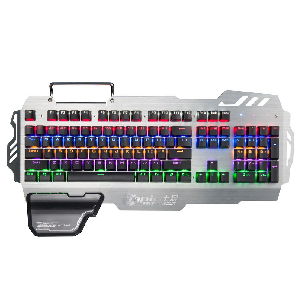 Silver metal panel professional gaming keyboard with wrist splint accessory on desktop