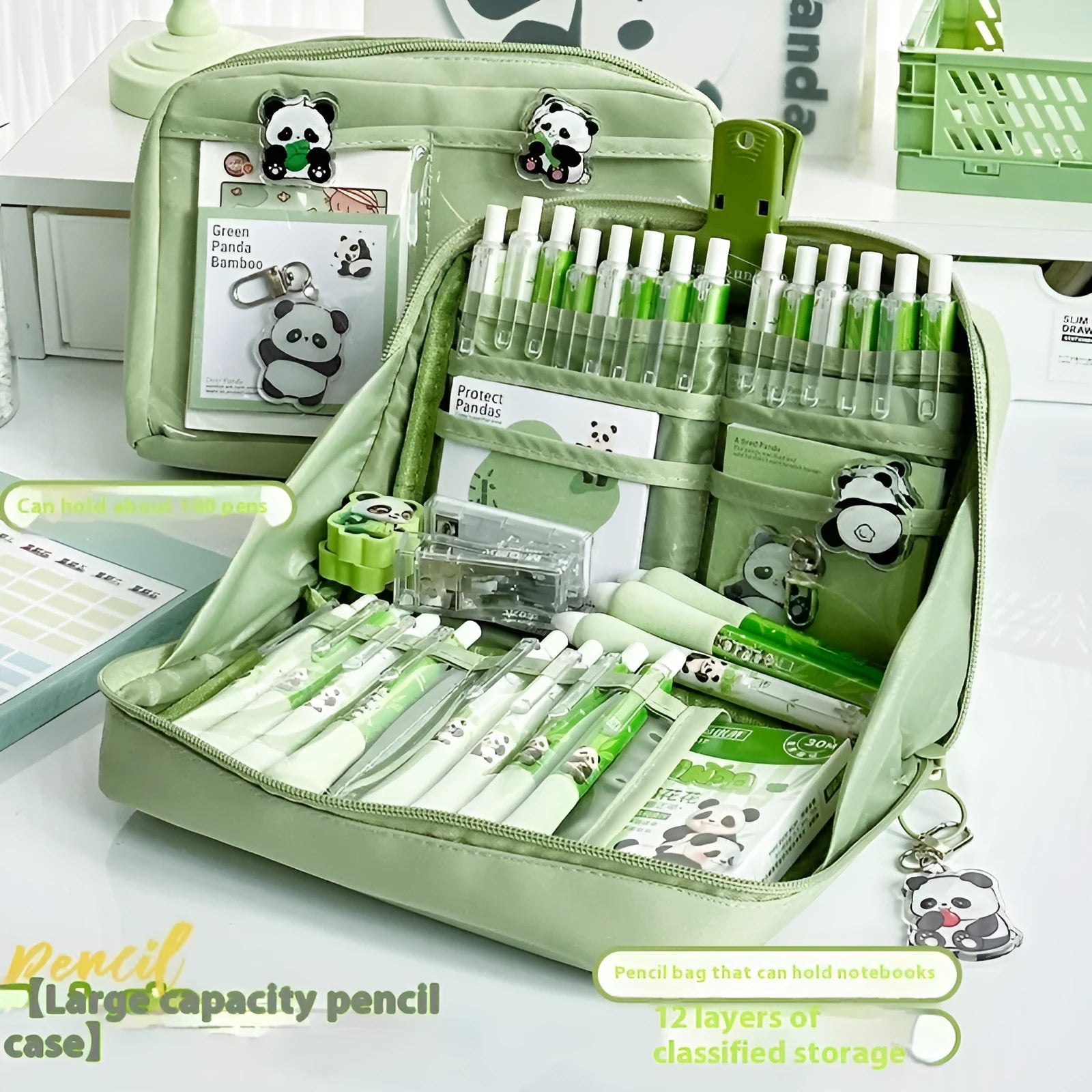 Green panda-themed pencil case with 12 layers for stationery organisation in Korean style canvas design