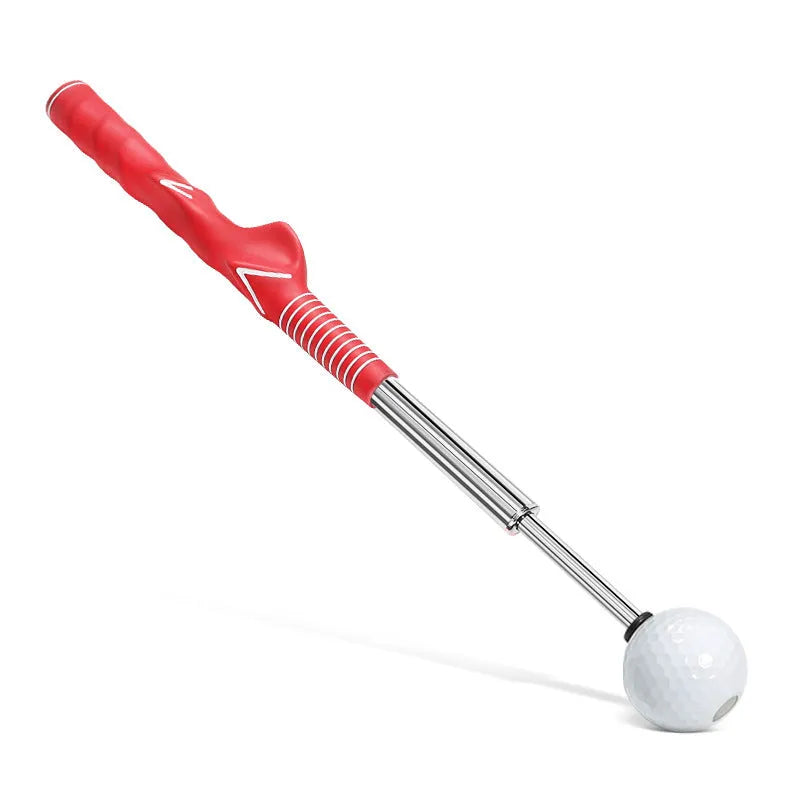 Stainless steel telescopic golf swing simulator trainer in black, blue, and red colours.