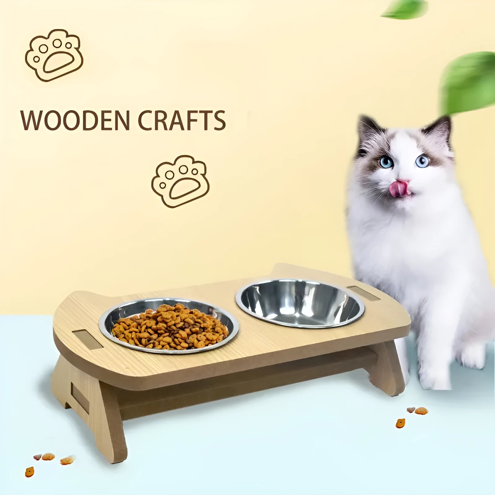 Wooden stand cat feeder with a stainless steel bowl for food and water