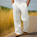 Men's linen blend casual trousers in straight leg loose fit showing zip fly and solid colour options