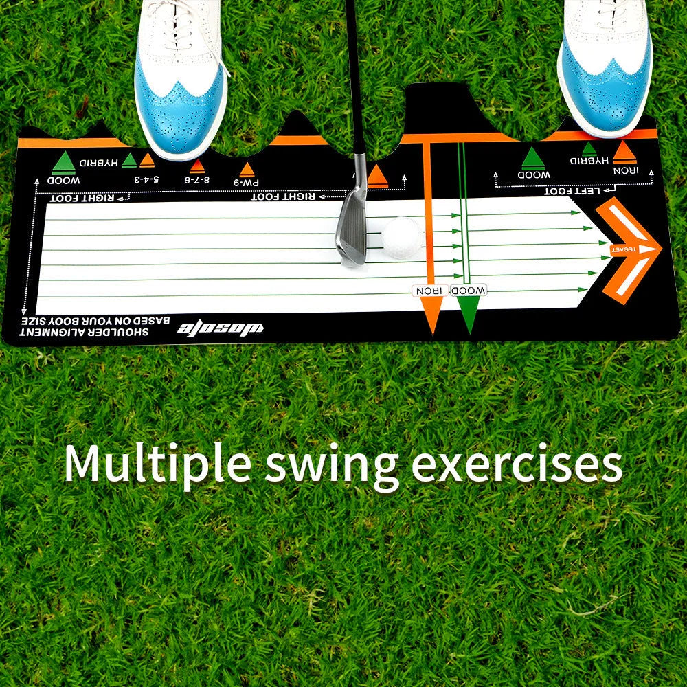 Black neoprene golf swing stance alignment pad on grass