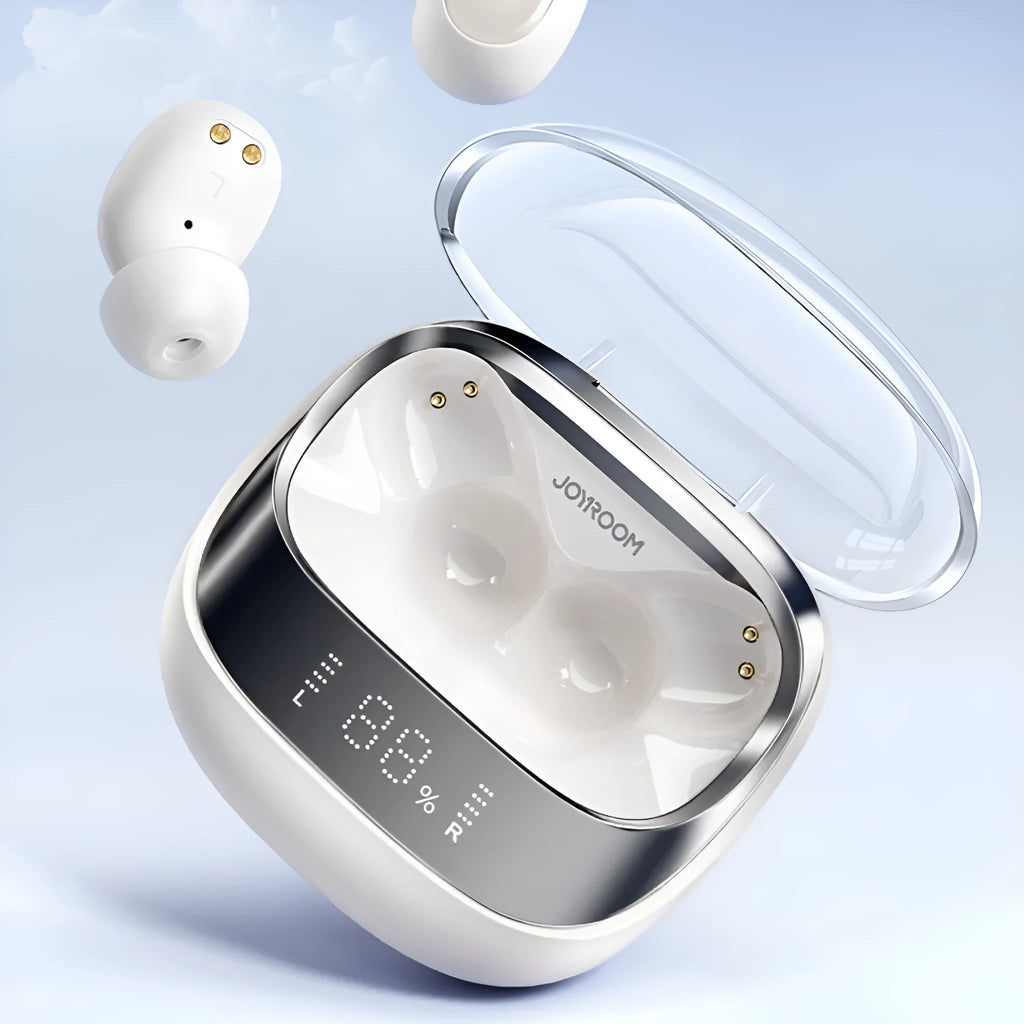 Wireless Bluetooth earbuds in charging case with dawn white and starry sky black colour options