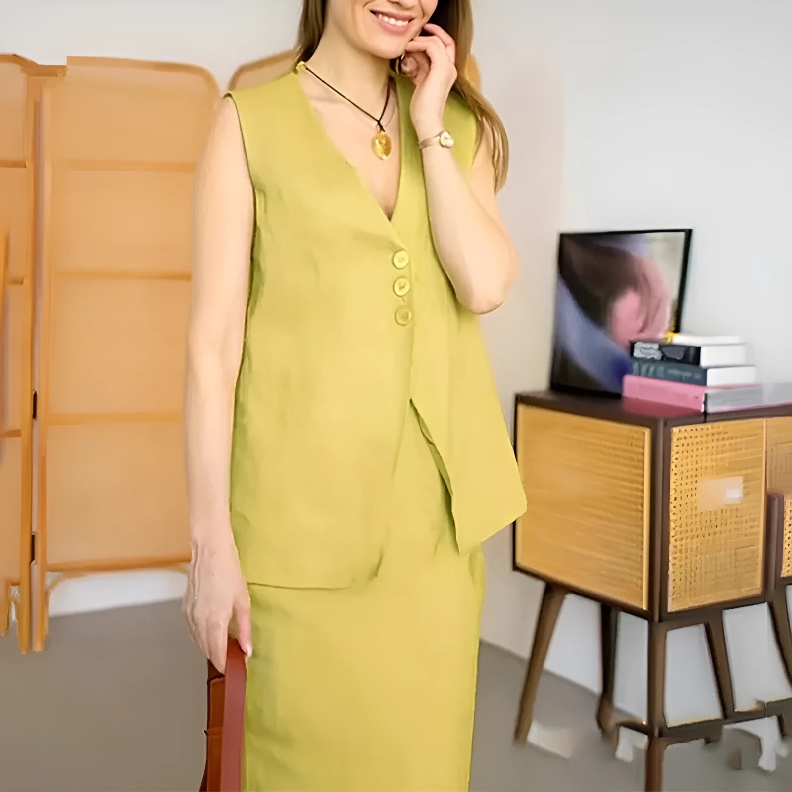 Women's white polyester two-piece set with sleeveless vest and long skirt on a hanger