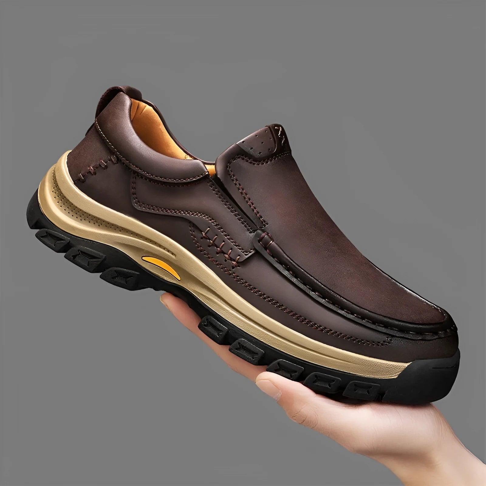 Men's black outdoor leather shoes with thick rubber sole and round toe design