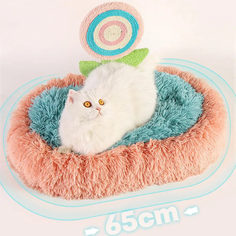 Pink elliptical plush cat nest bed, disassembled to show washable design.