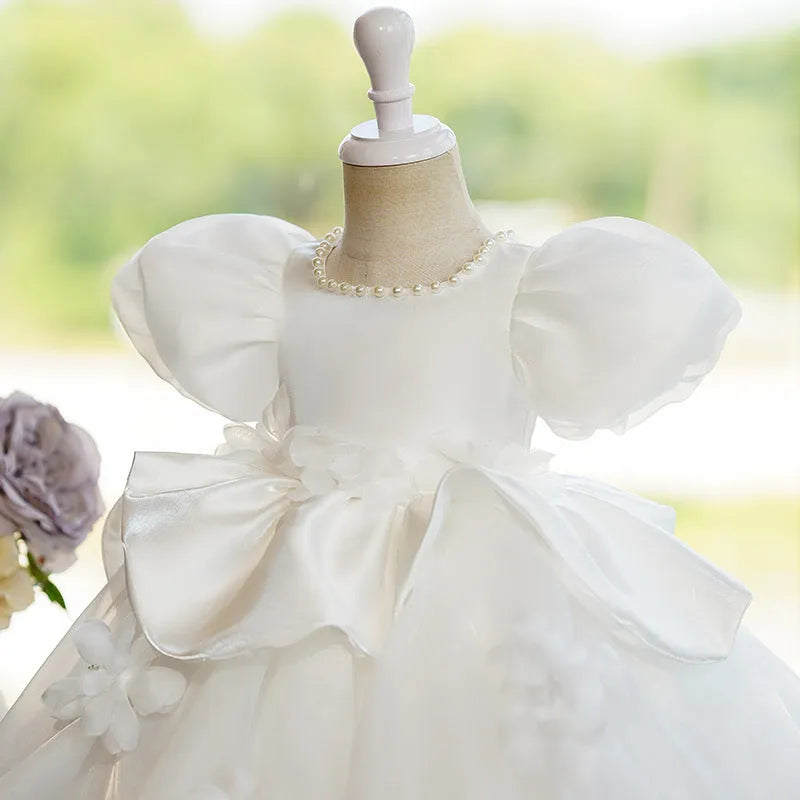 White polyester princess-style girls' piano performance dress for recitals, available in sizes 80cm to 130cm