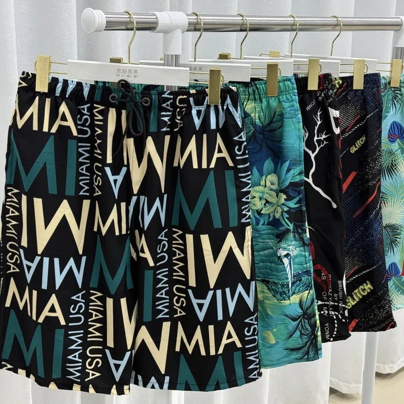 Men's loose-fitting striped beach trousers made from quick-drying ice silk fabric.