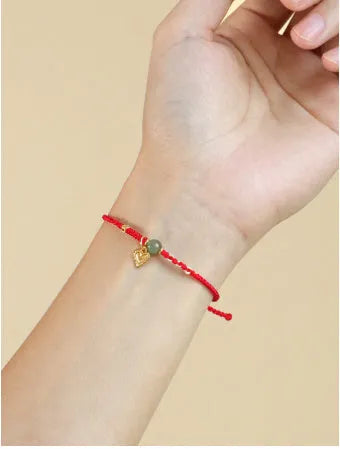 925 silver and Hetian jade handmade woven bracelet with red carrying strap