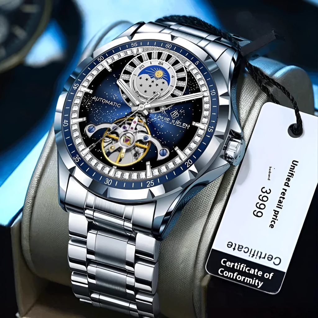 Men's silver alloy automatic watch with blue dial and stainless steel butterfly clasp strap.