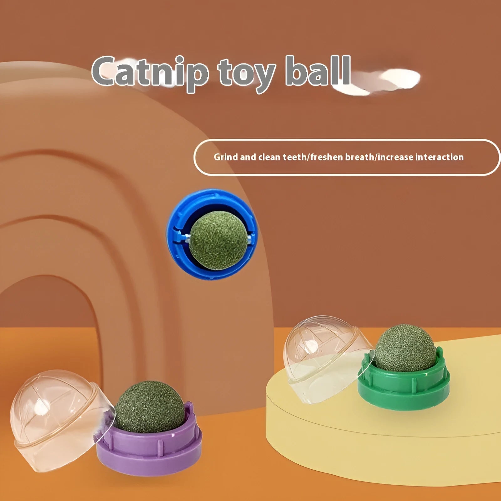Colourful plastic cat toy ball with textured dental cleaning ridges and catnip infusion