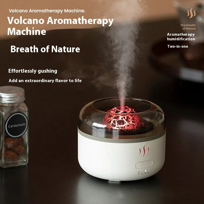 Simulation flame aroma diffuser in milky white plastic, round shape, with USB cord and water reservoir
