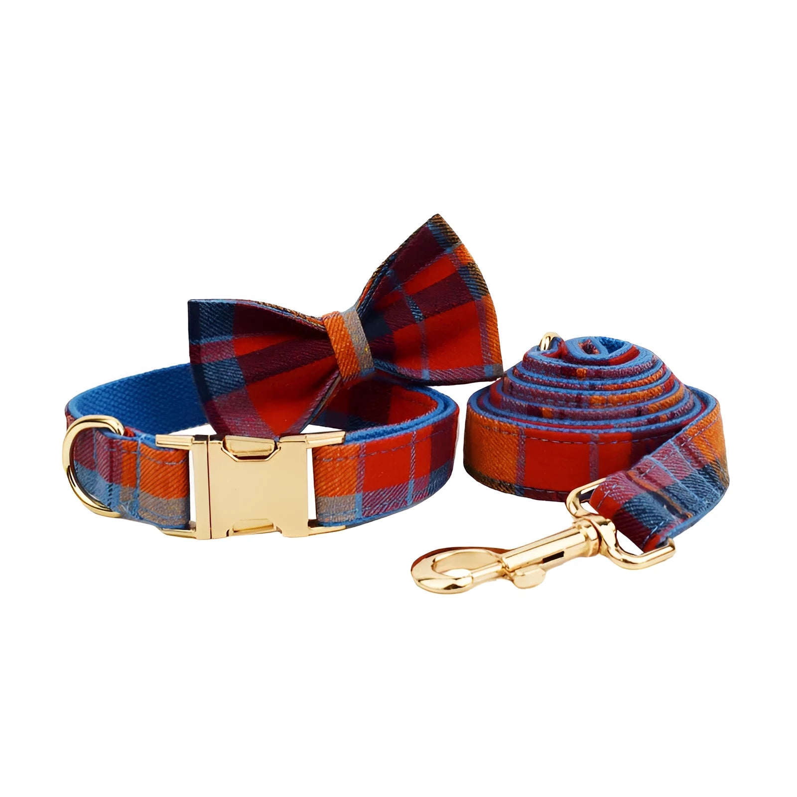 Blue plaid cloth dog collar with attached hand holding rope on adjustable size settings