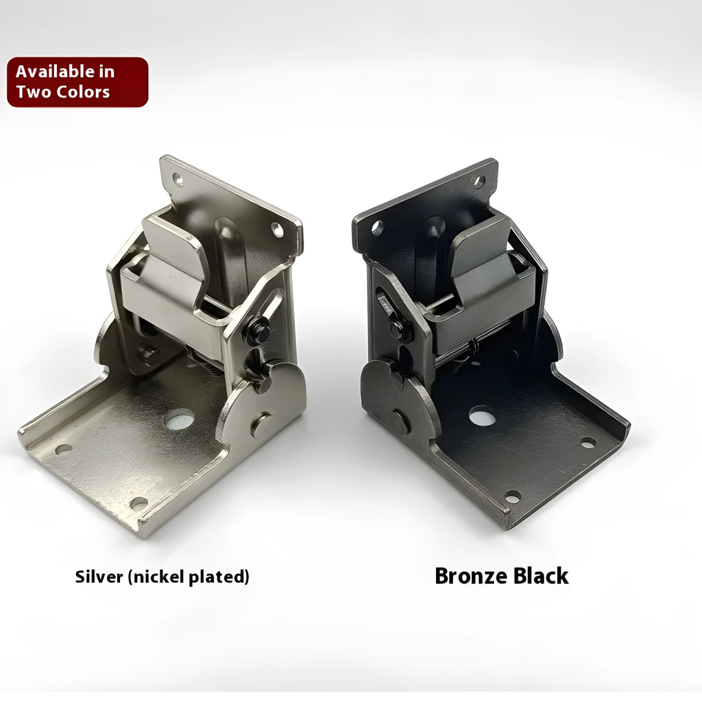 Furniture foot folding hinge in nickel silver finish showing 0-90 degree angle range.