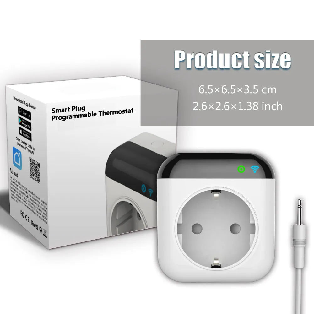 White Tuya smart temperature control switch socket with US 3-pin outlet and separate temperature sensor probe.
