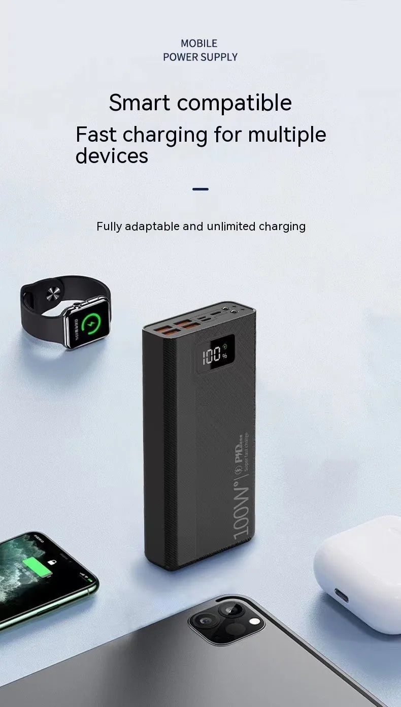 Large capacity power bank in black or white plastic case with dimensions 150×76mm