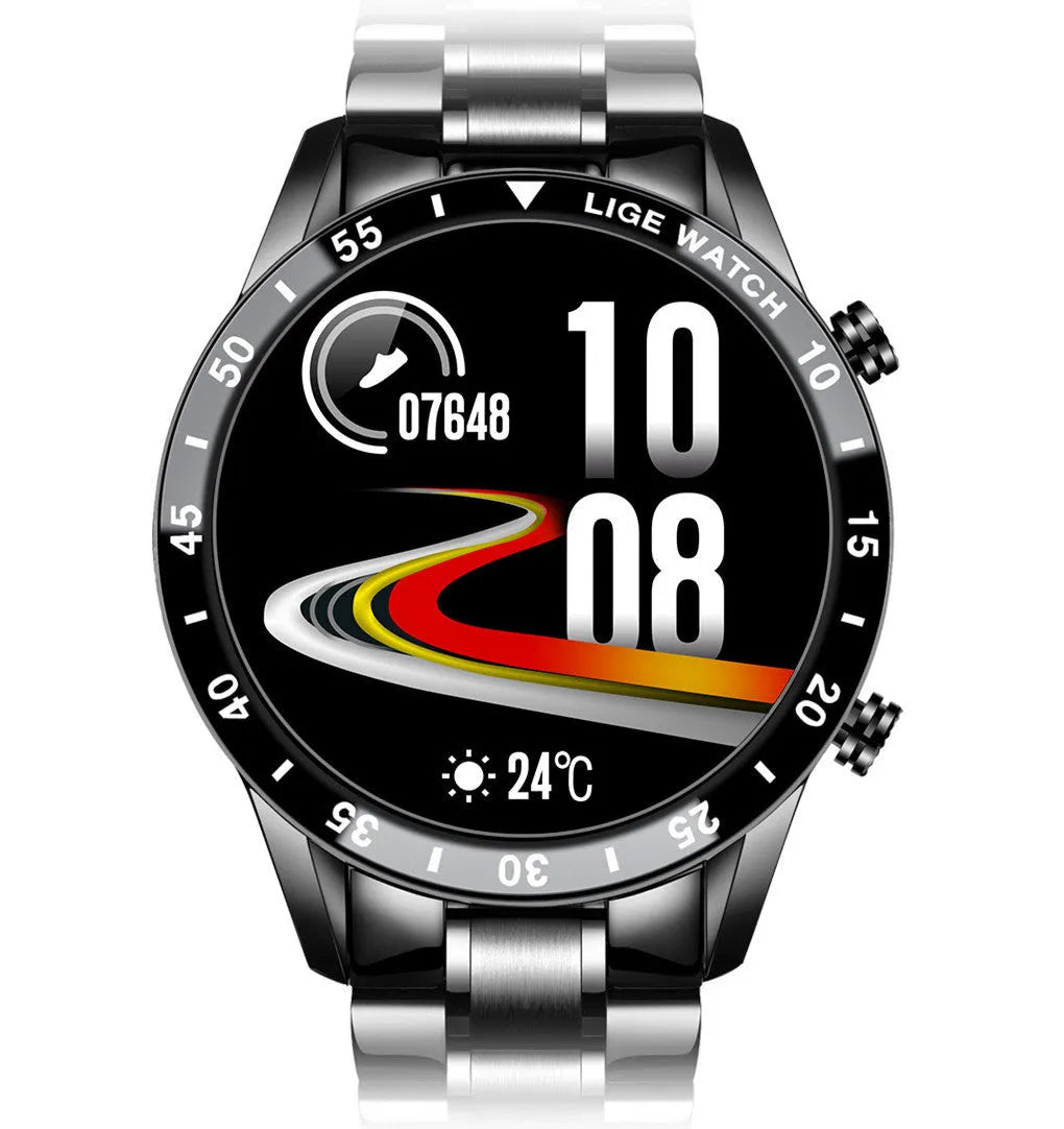 Silver stainless steel smart watch with 1.3-inch touchscreen displaying step count on wrist