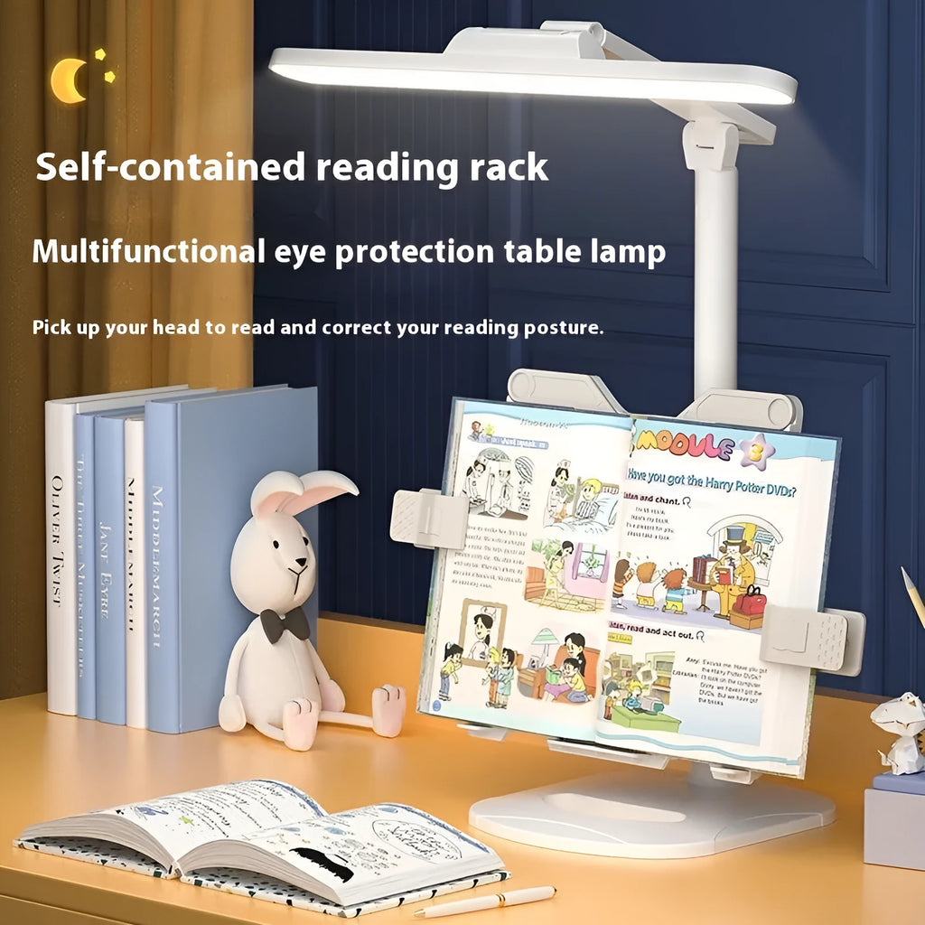 Adjustable desk lamp with three light temperature settings on a bookshelf