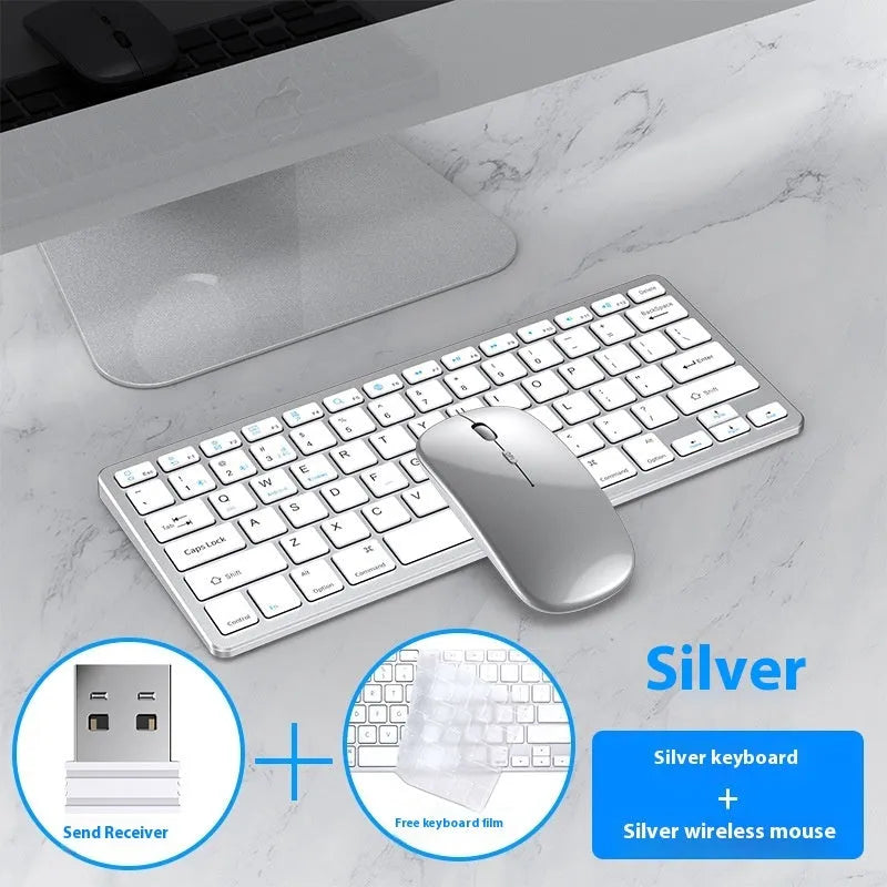 Ultra-thin wireless keyboard and mouse set in black, gun colour, or silver with charging cable and receiver