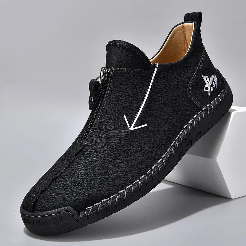 Men's black zip-up casual Martin boots with round toe and hand-stitched rubber sole