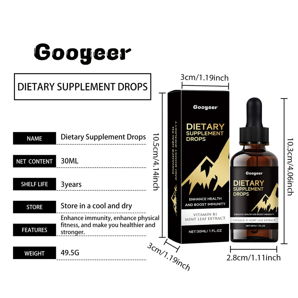 30 ml glass bottle of vitamin C and E dietary supplement drops with a dropper top.