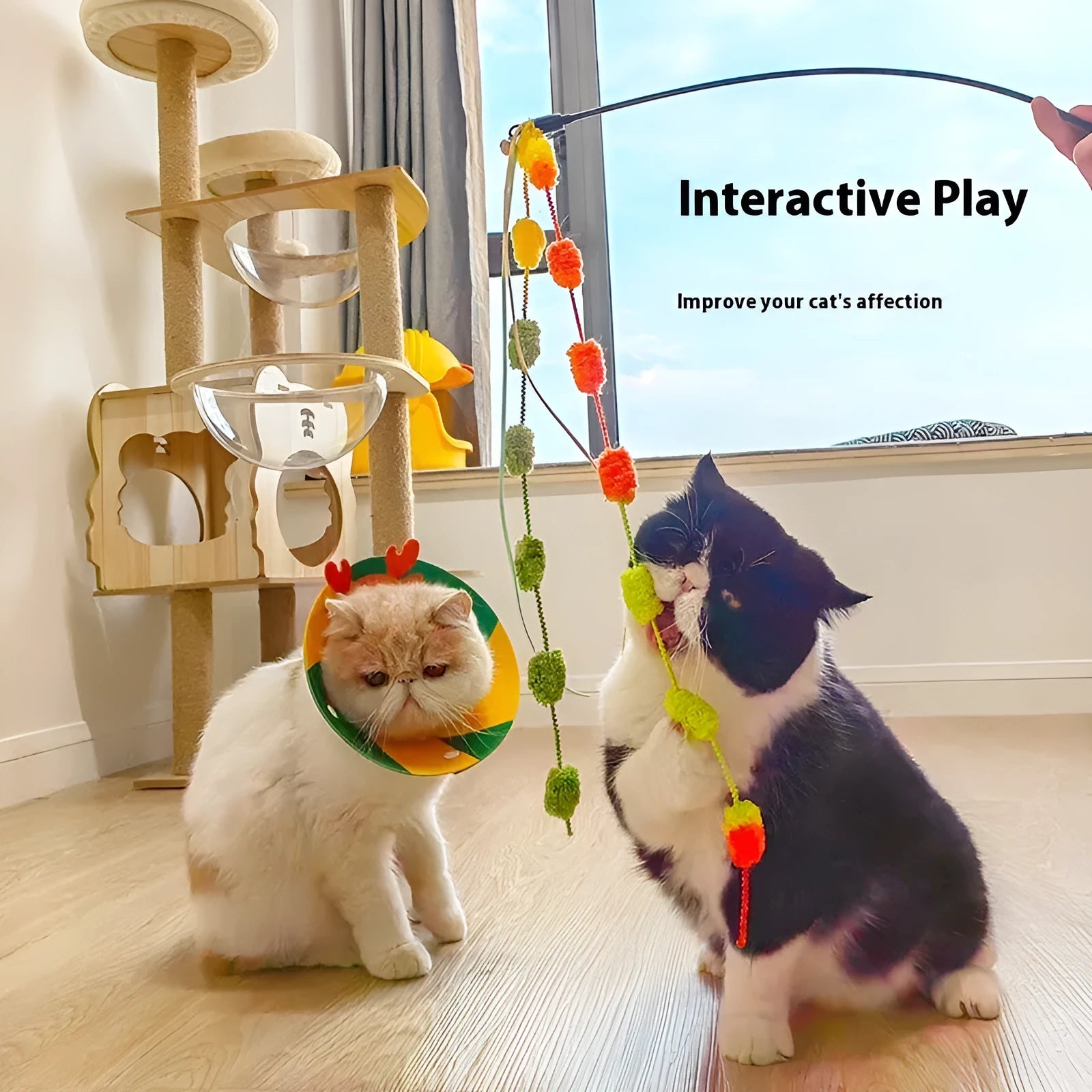 Rainbow cotton candy coloured cat teaser wand with bell, tassel, and plush ball