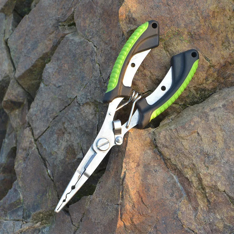 SS420 steel fishing pliers with straight mouth and hook, red blue green handle options