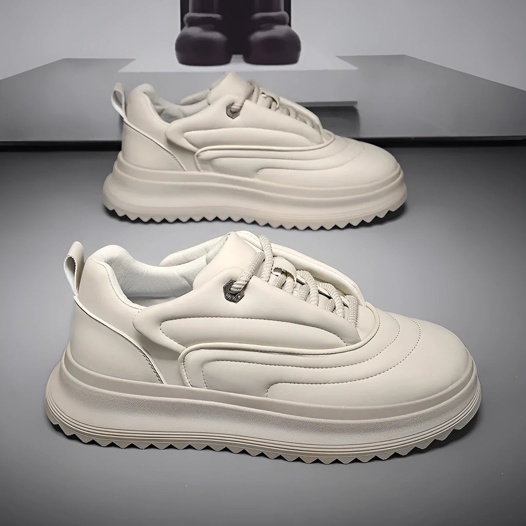Men's and women's PU leather casual shoes with a thick sole in khaki, apricot, ivory white and black knight colours.