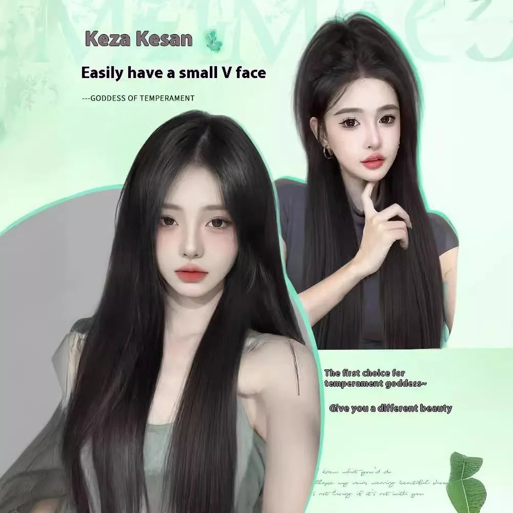 Female full-head forehead lace wig in brown black colour with fluffy texture
