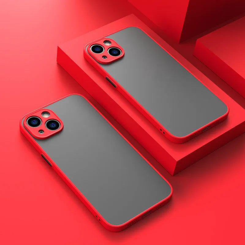Black frosted hard protective iPhone case with fine hole skin-sensing design on a dark background.