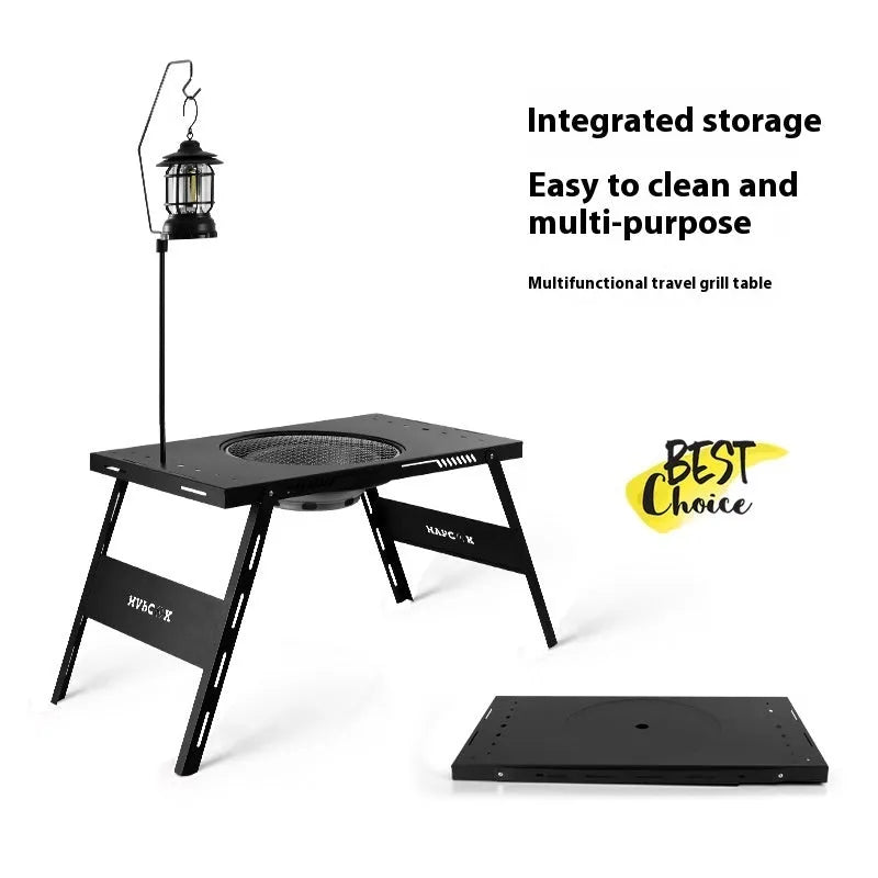 Black folding steel barbecue table with grill, shown in round and square top styles.