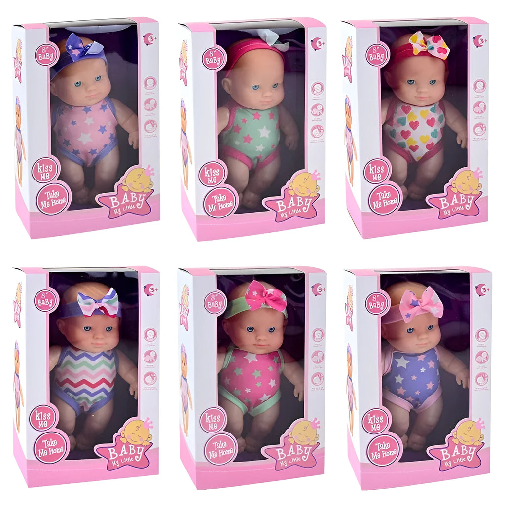 A 21.5cm tall simulation baby vinyl figurine doll on display, showing detailed sculpting.