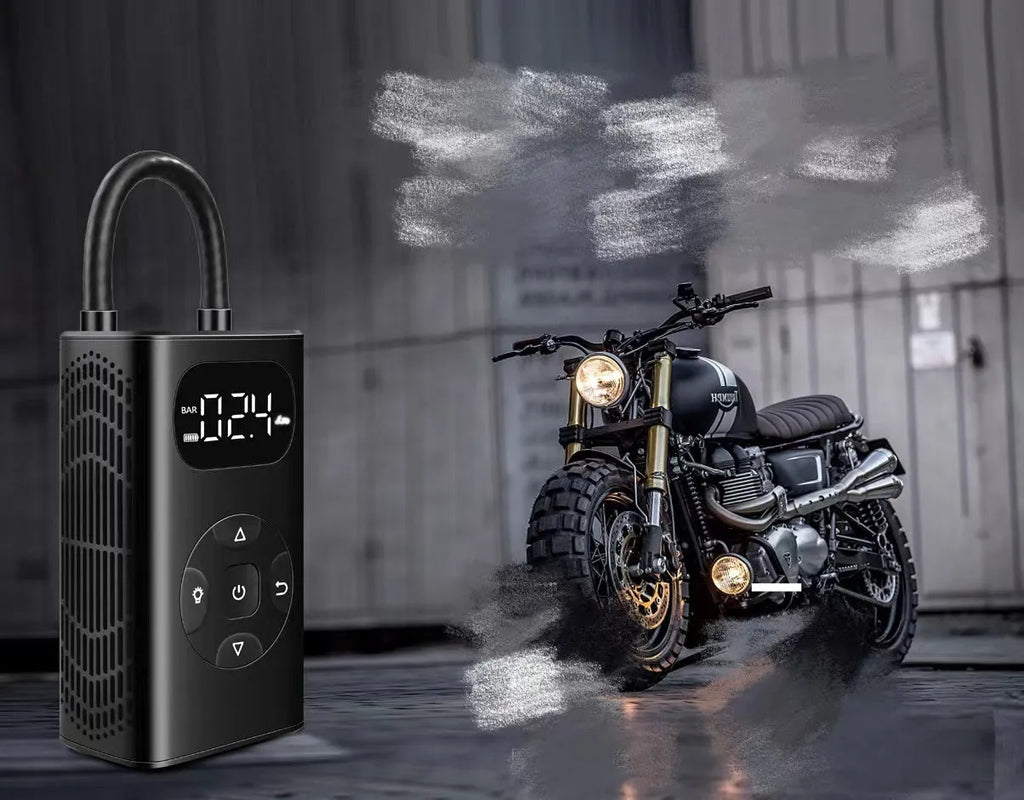 Black aviation material portable tyre inflator with digital display and flexible tube