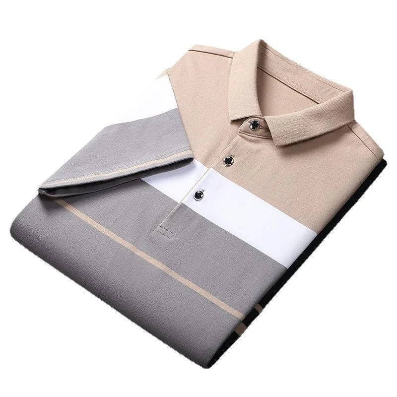 Men's combed cotton striped stitching polo shirt light business style in medium apricot regular fit