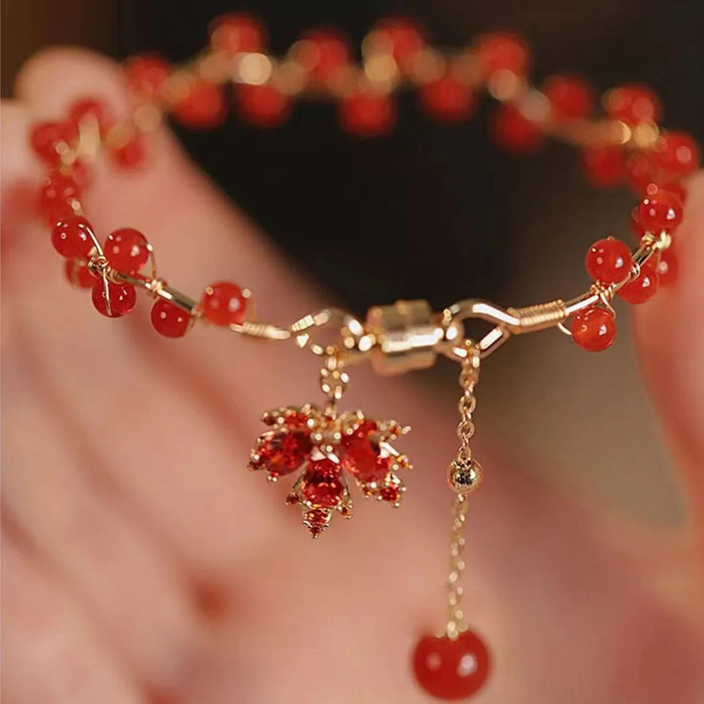 Red ginkgo leaf electroplated magnetic bracelet with a maple leaf design in New Chinese style.