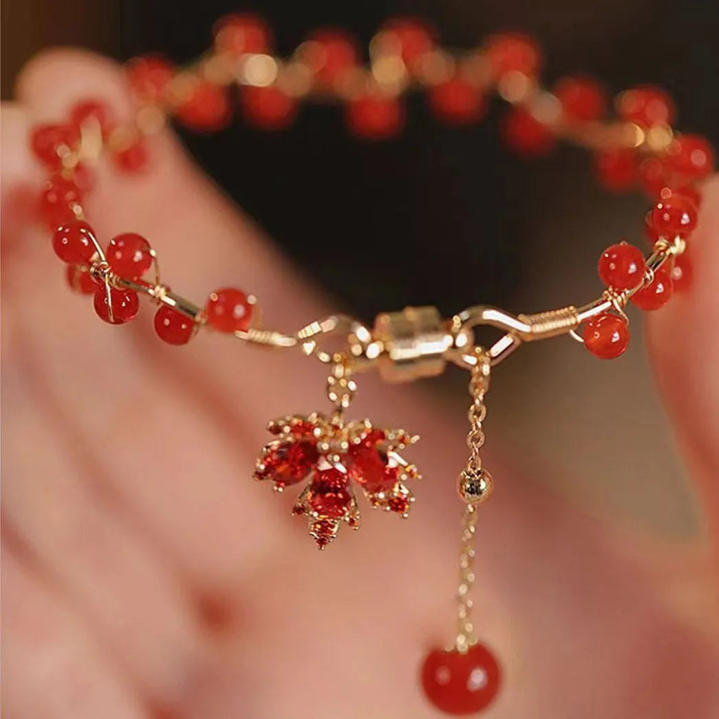 Red ginkgo leaf electroplated magnetic bracelet with a maple leaf design in New Chinese style.