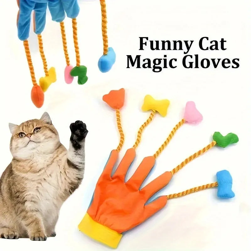 Yellow and blue plush cat toy glove puppet with a bell, shown on a hand.