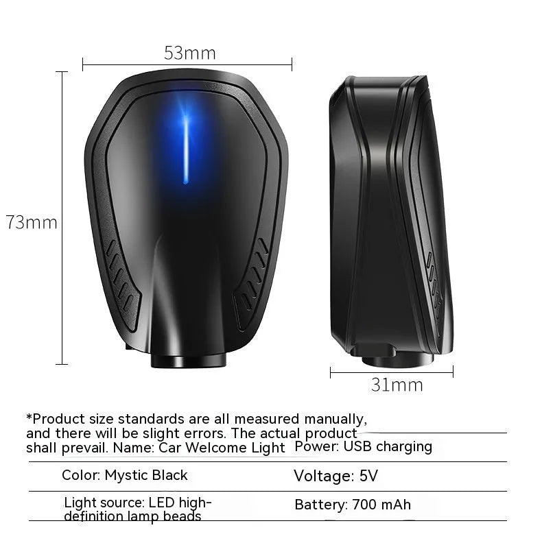 Black F2 USB rechargeable car welcome light projecting illuminated image on ground.