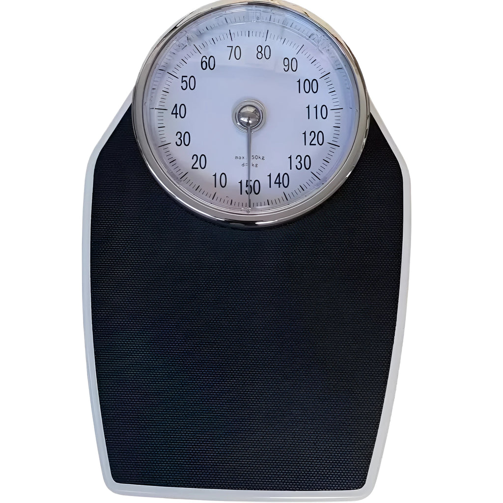 Black mechanical body weight scale with large analogue dial on a simple platform.
