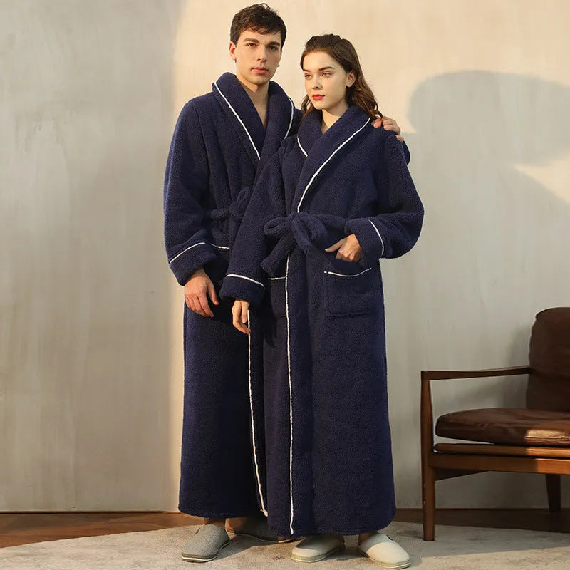 Plus-size men's bathrobe and women's nightgown couple set in thick winter flannel fabric